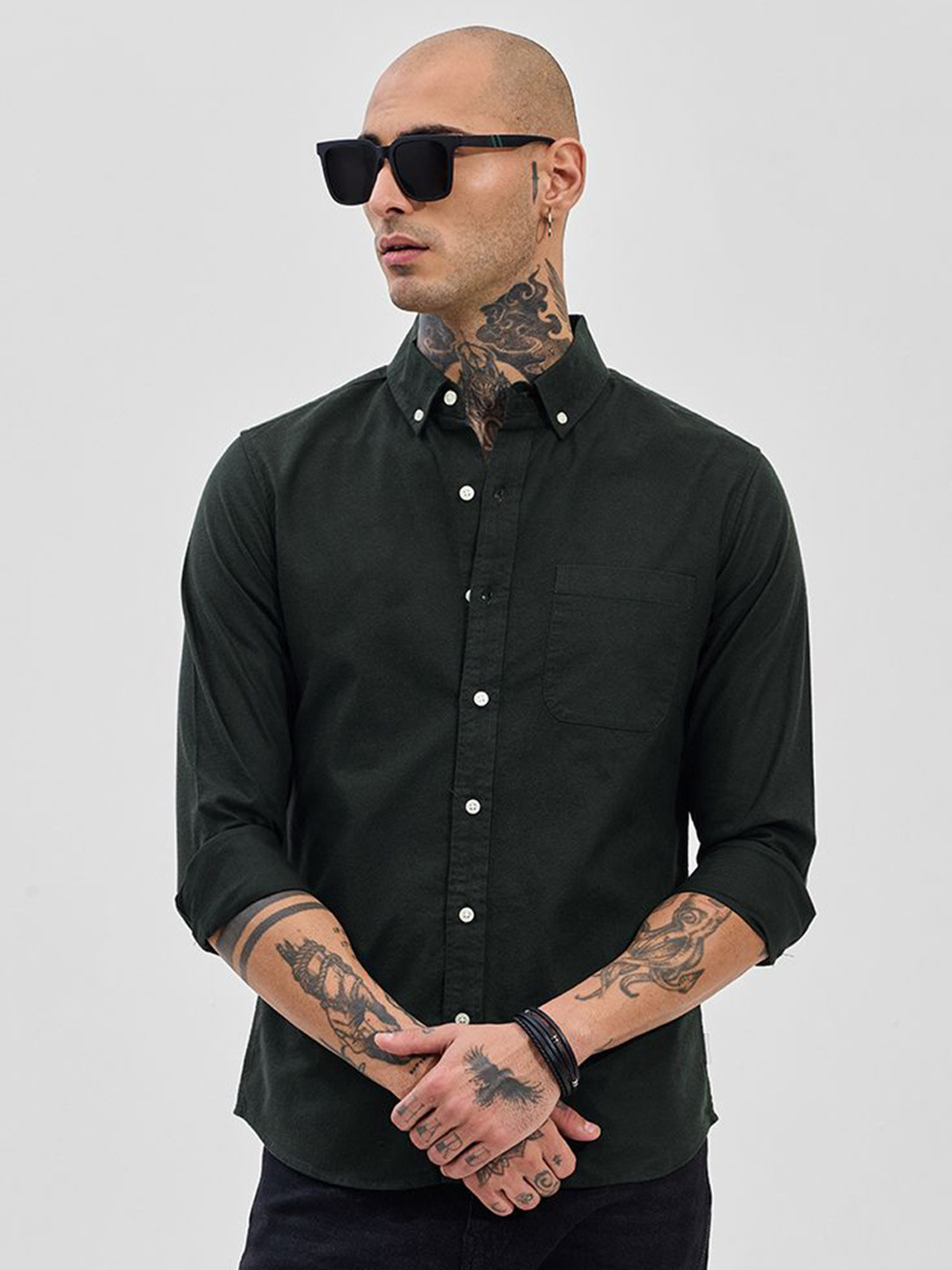 

Snitch Men Classic Fit Button-Down Collar Solid Cotton Formal Shirt, Black