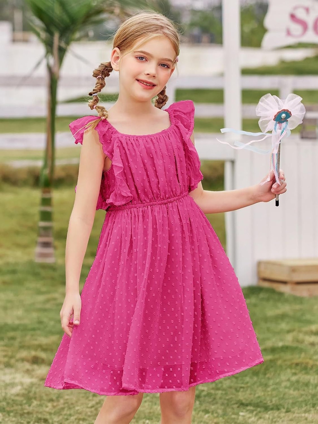

R Cube Girls Flutter Sleeves Fit & Flare Dress, Rose