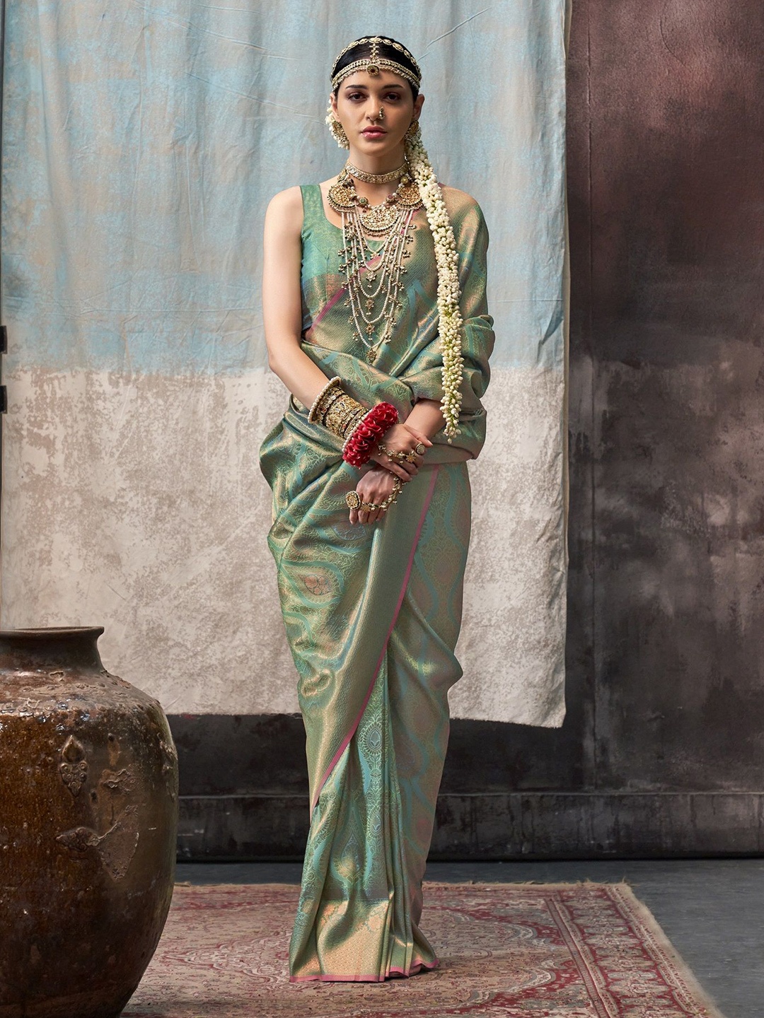 

MAHALASA Woven Design Zari Pure Silk Kanjeevaram Saree, Sea green