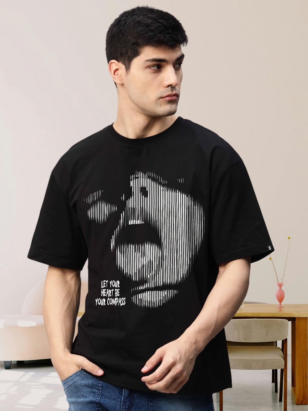 

PRONK Men Graphic Printed Round Neck Cotton Oversized T-shirt, Black