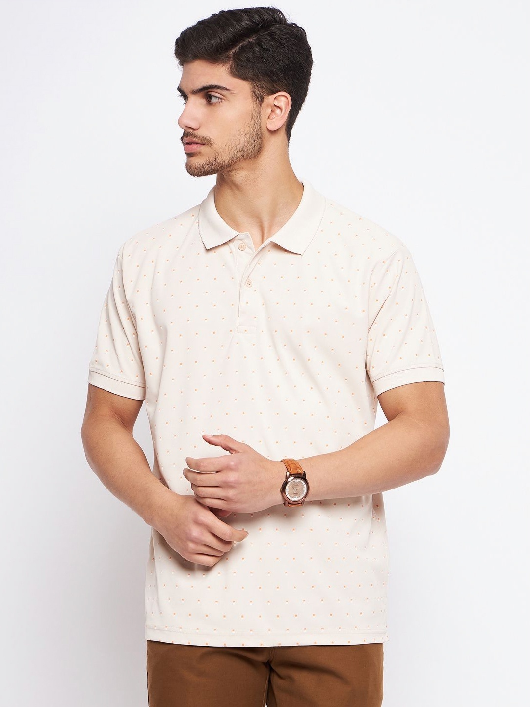 

MXN Men Conversational Printed Polo Collar Cotton T-shirt, Beige