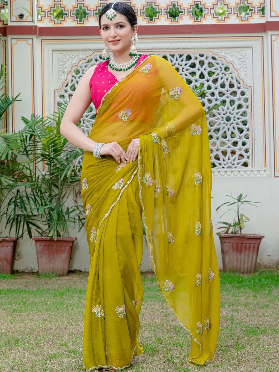 

PRETTY PALLU Floral Embroidered Sequinned Pure Georgette Saree, Mustard