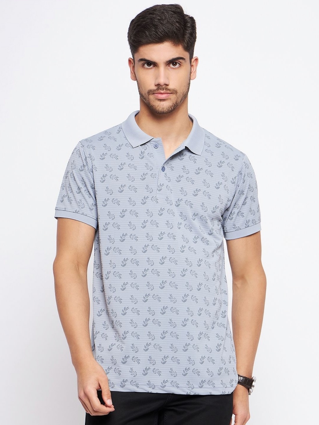 

MXN Men Floral Printed Polo Collar Cotton T-shirt, Grey