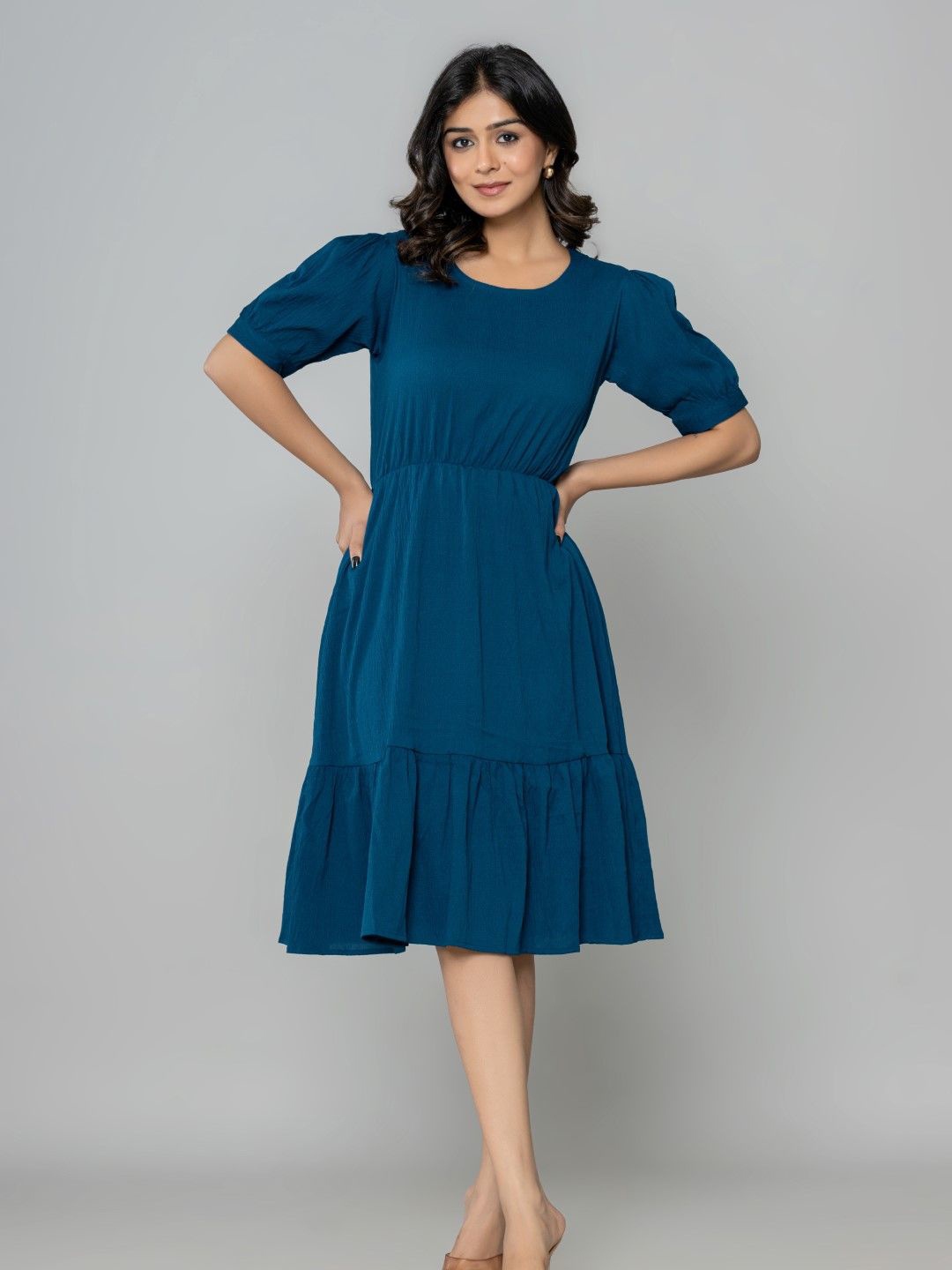 

Aanys Culture Puff Sleeve A-Line Midi Dress, Teal