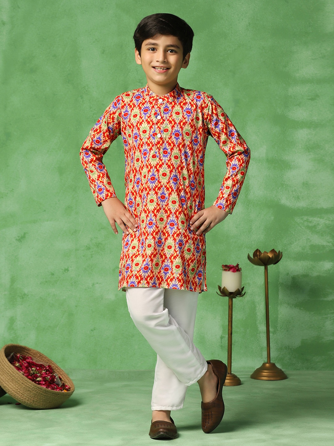 

Sangria Boys Red Abstract Printed Band Collar Long Sleeves Straight Kurta With Trousers