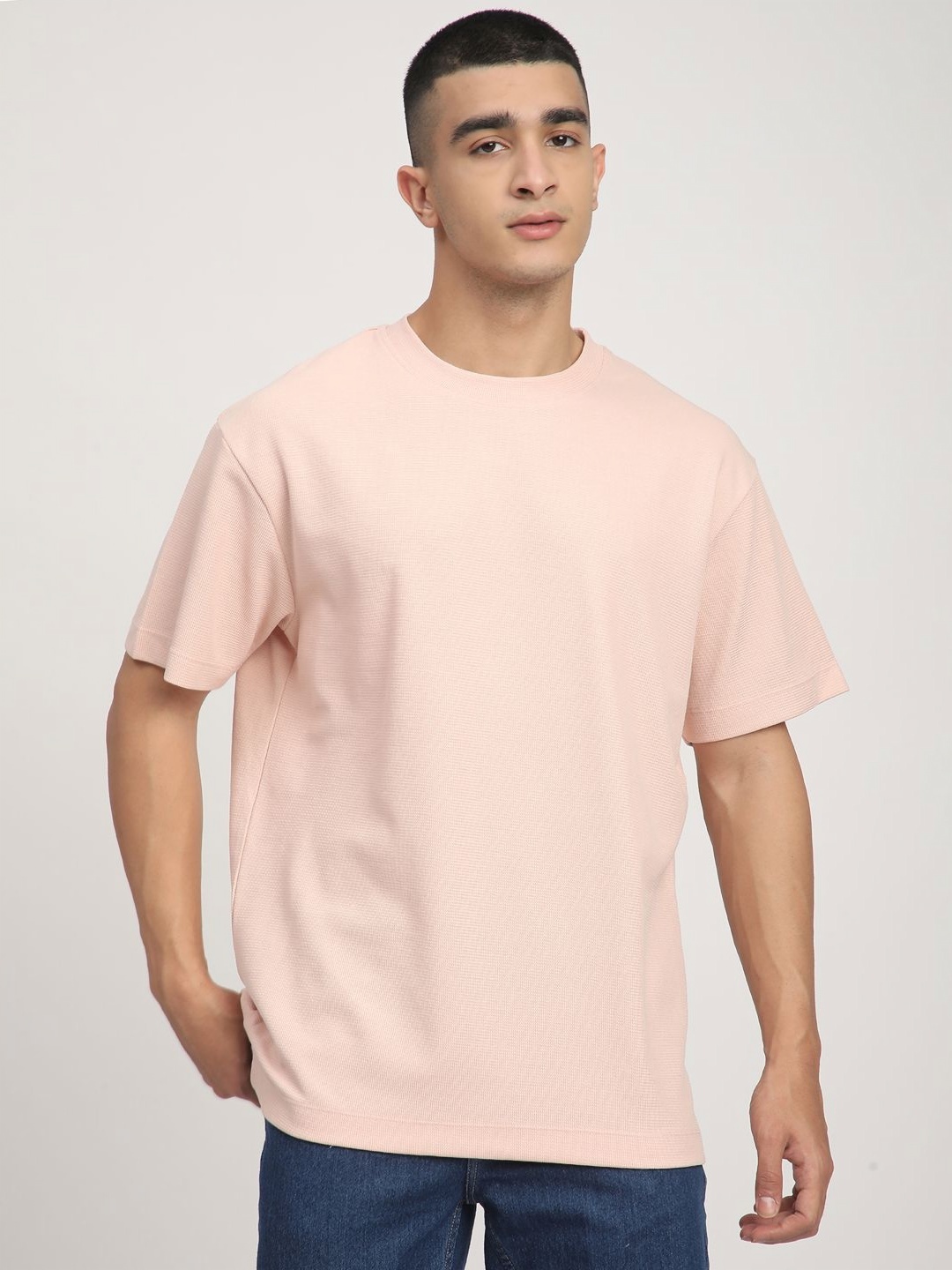 

R&B Men Solid Round Neck Cotton Relaxed Fit T-shirt, Peach