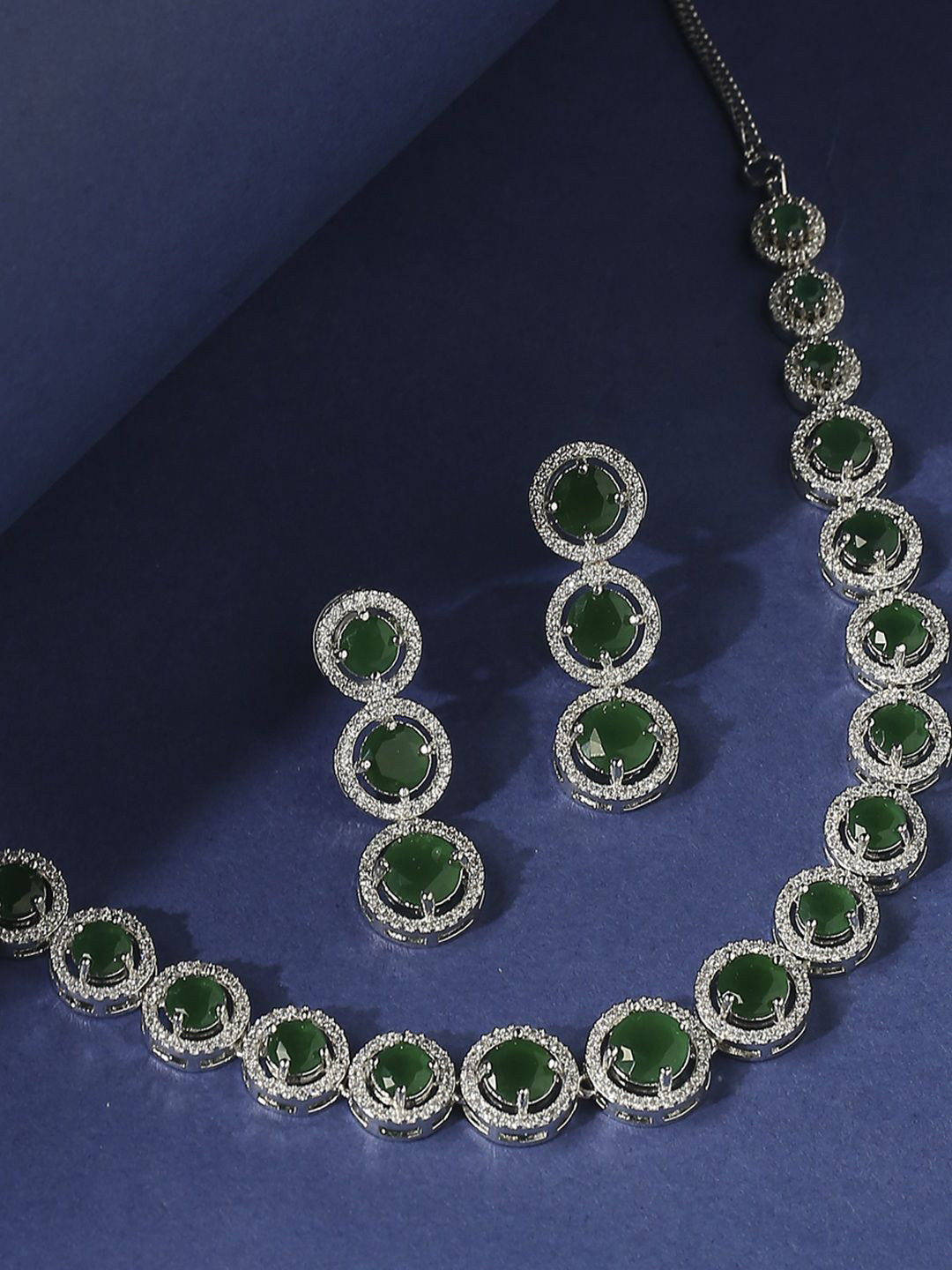 

fabula Green American Diamond Necklace Jewellery Set, Silver