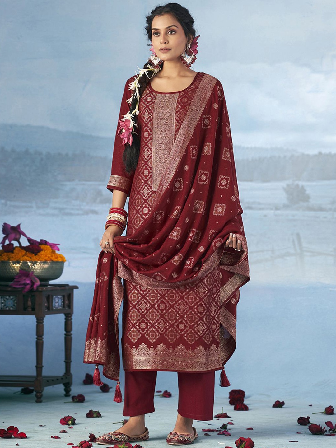 

Anouk Unstitched Dress Material, Maroon