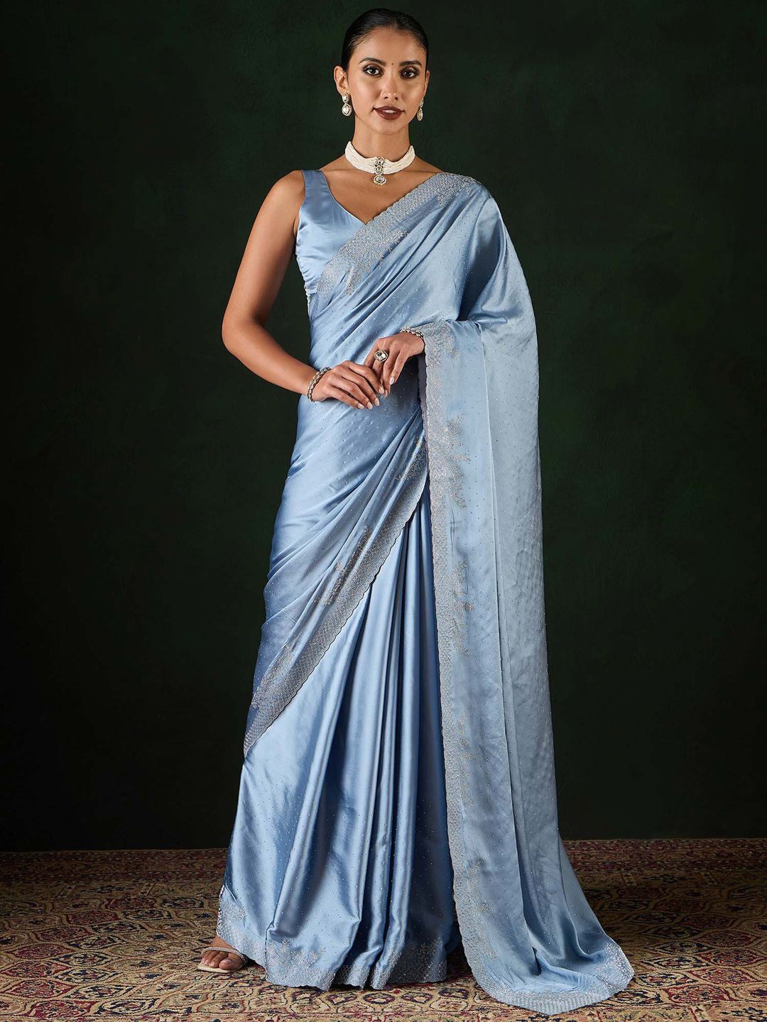 

Sangria Embellished Party Wear Saree With Unstitched Blouse, Blue