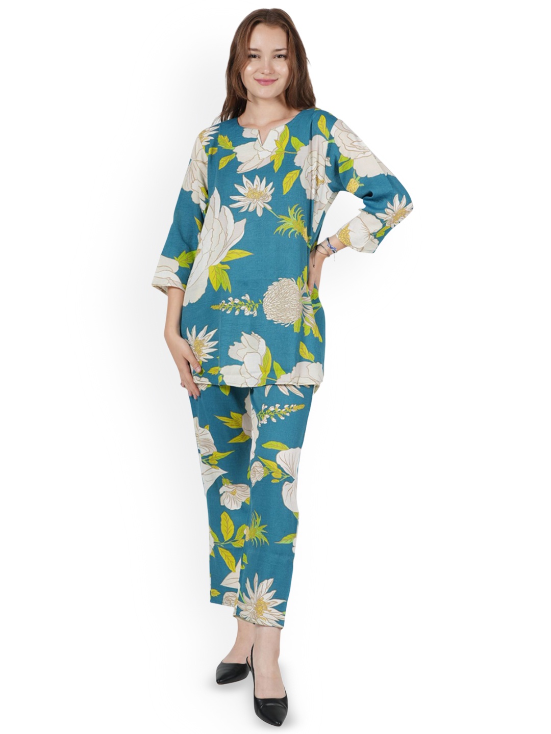 

BAESD Floral Printed Notch Neck Pure Cotton Tunic With Trouser, Blue