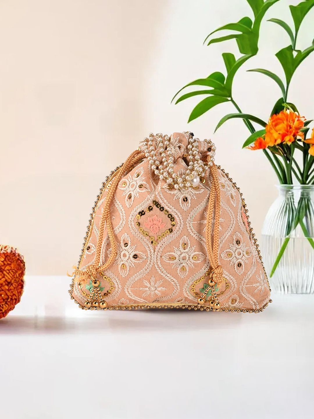 

Kuber Industries Peach Embroidered Potli Clutch