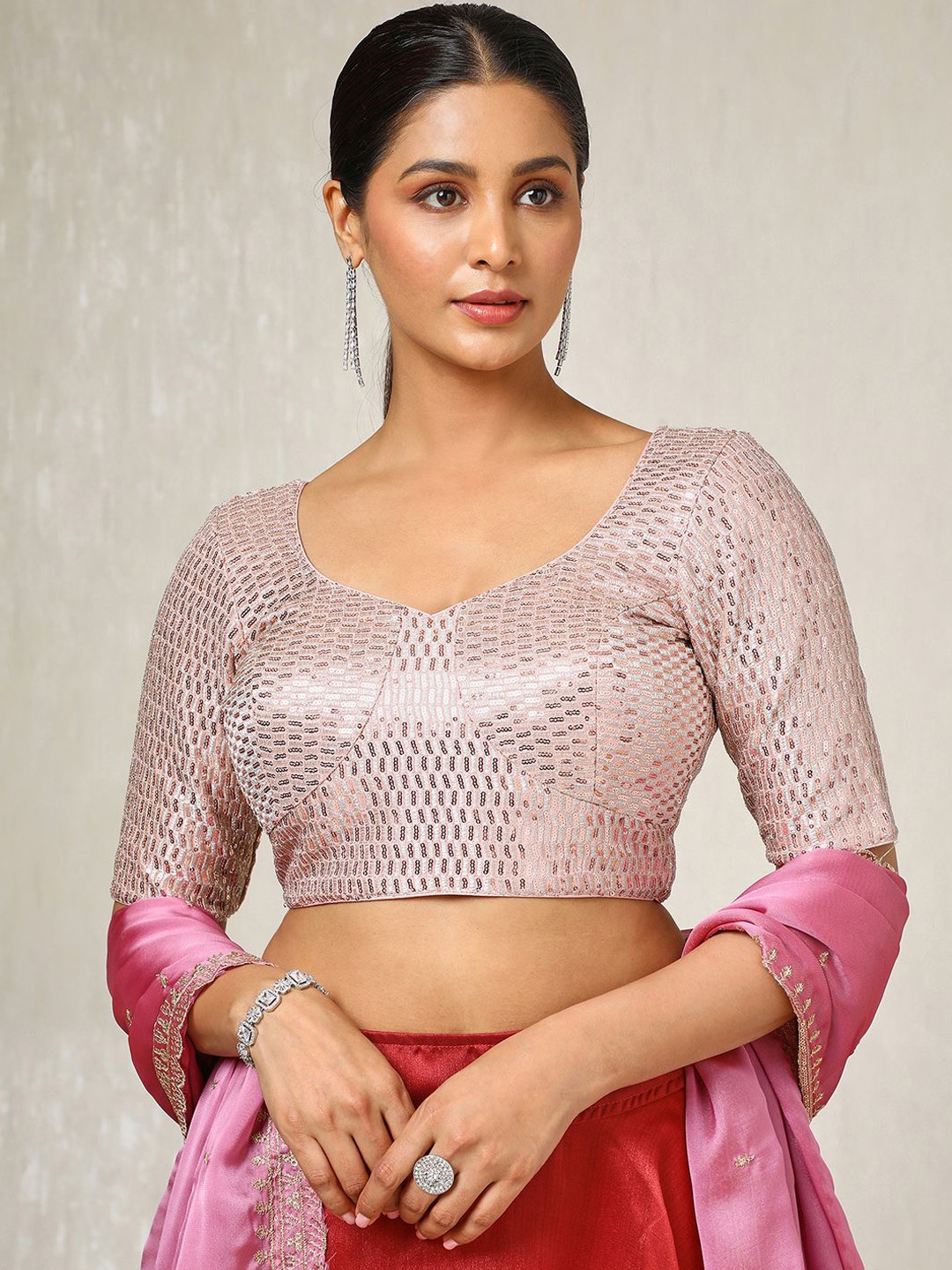 

Soch Women Embellished Round Neck Padded Saree Blouse With Sequins, Pink