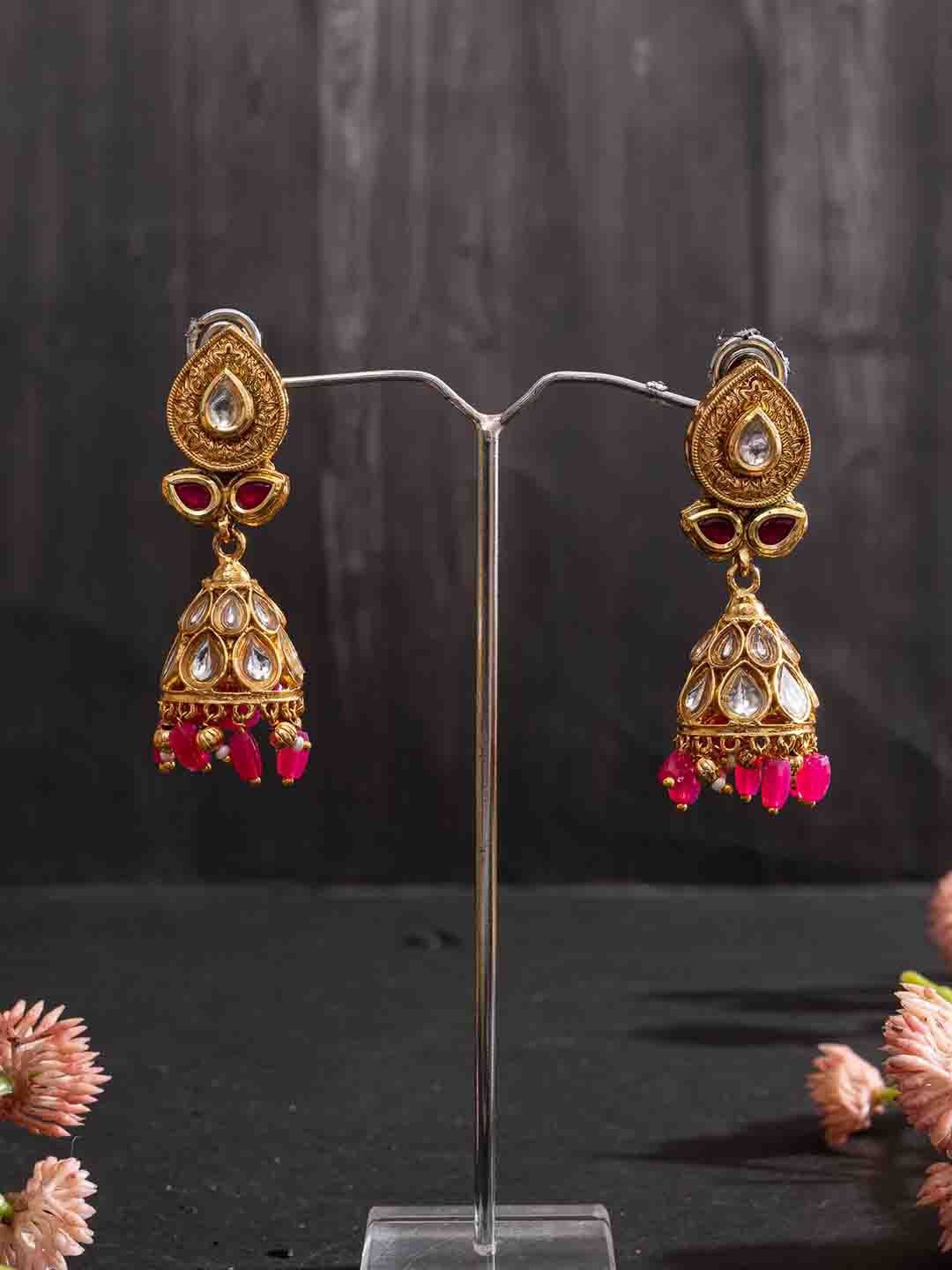 

PANASH Gold-Plated Artificial Stones Studded And Beaded Contemporary Shaped Jhumkas