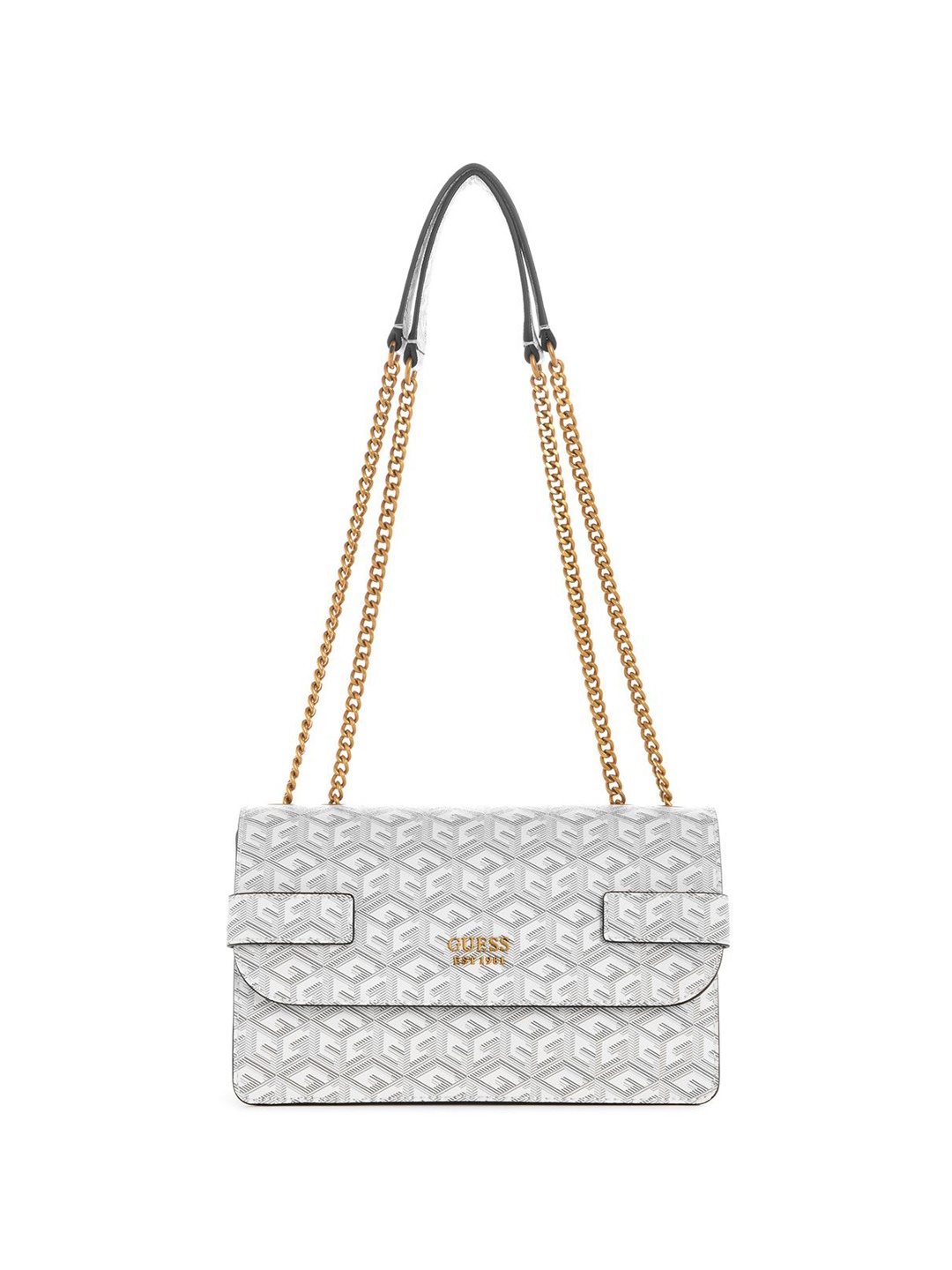 

GUESS Geometric Printed PU Structured Shoulder Bag with Quilted, Grey