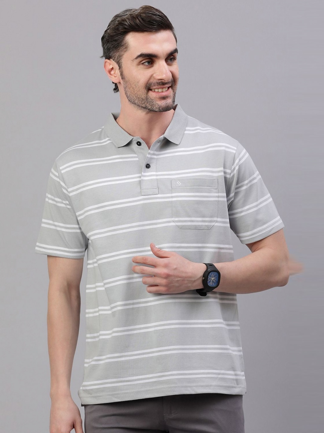 

Classic Polo Men Striped Polo Collar Cotton T-shirt, Grey