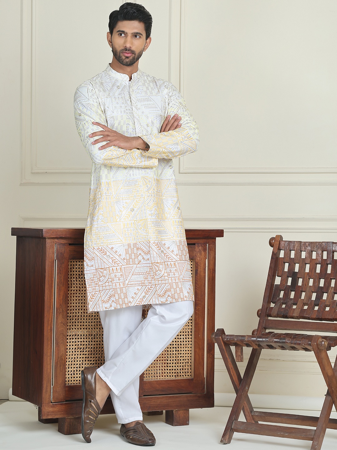 

Jompers Floral Embroidered Mandarin Collar Thread Work Straight Kurta With Pyjama, Yellow