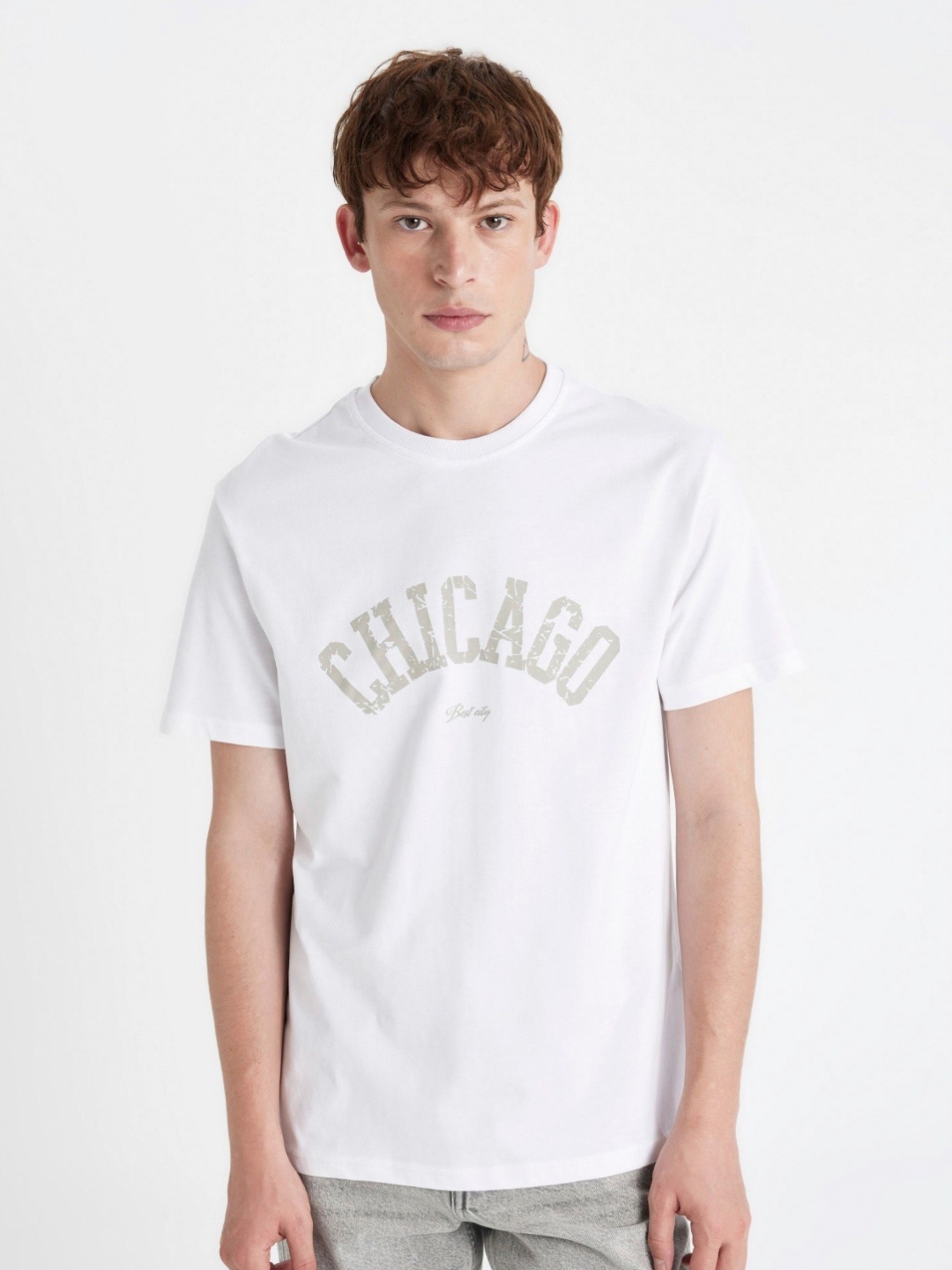

DeFacto Men Typography Printed Round Neck Cotton T-shirt, White