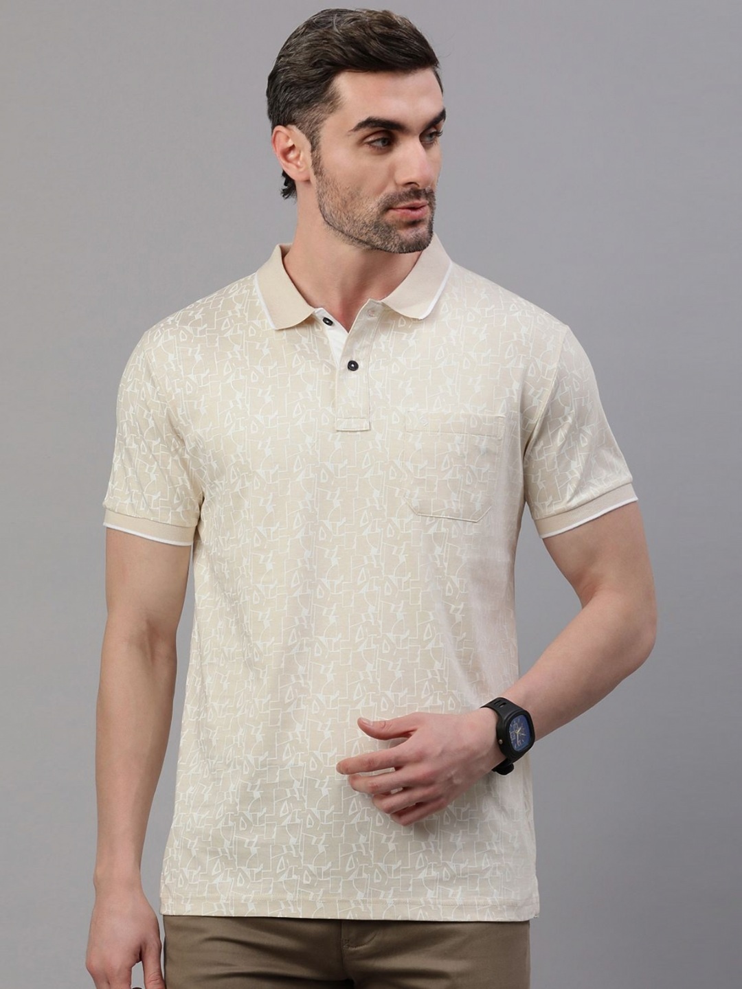 

Classic Polo Men Abstract Printed Polo Collar Cotton Slim Fit T-shirt, Cream