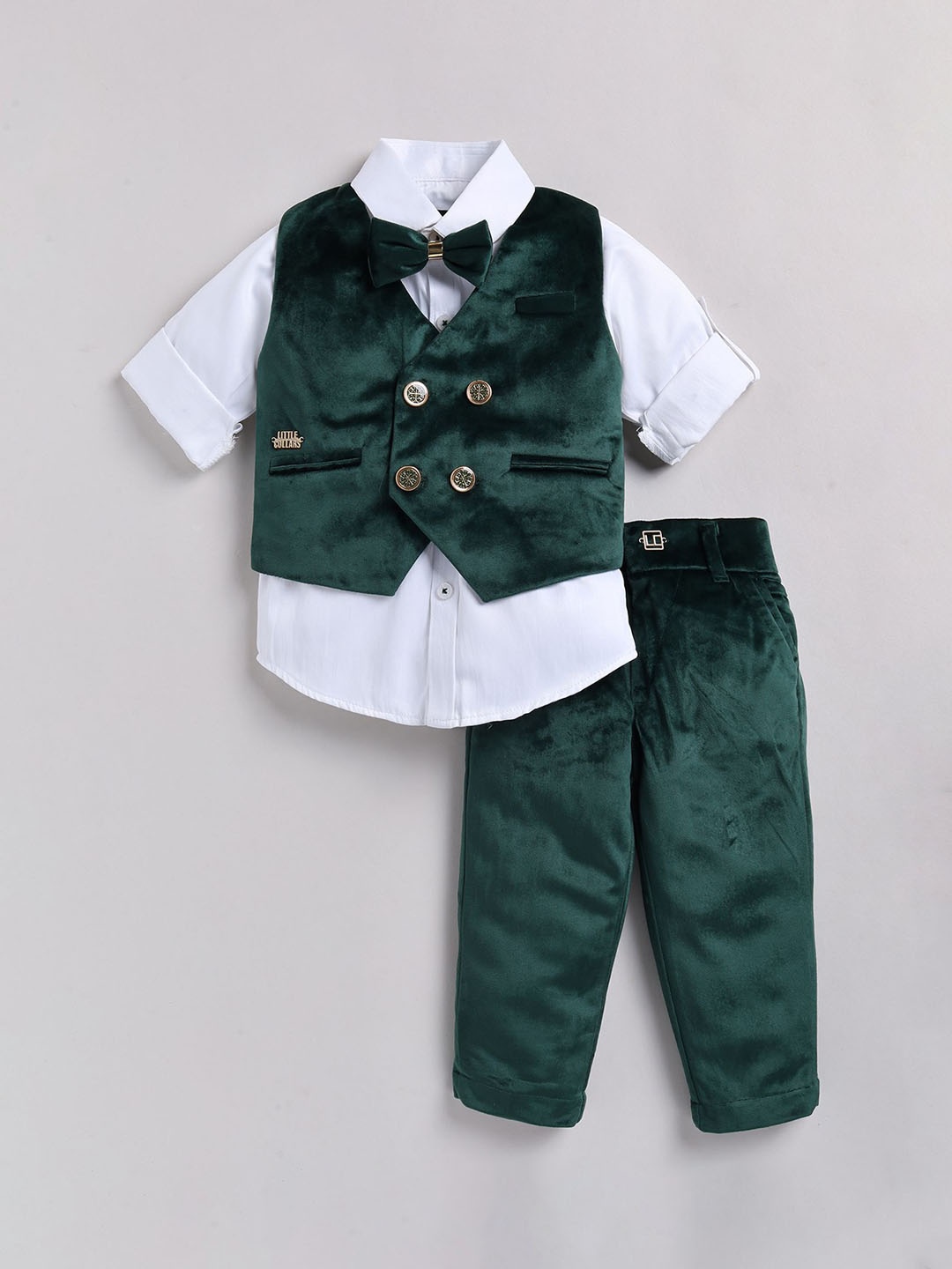 

LITTLE COLLARS Boys Double-Breasted Velvet 3-Piece Party Suit, Green