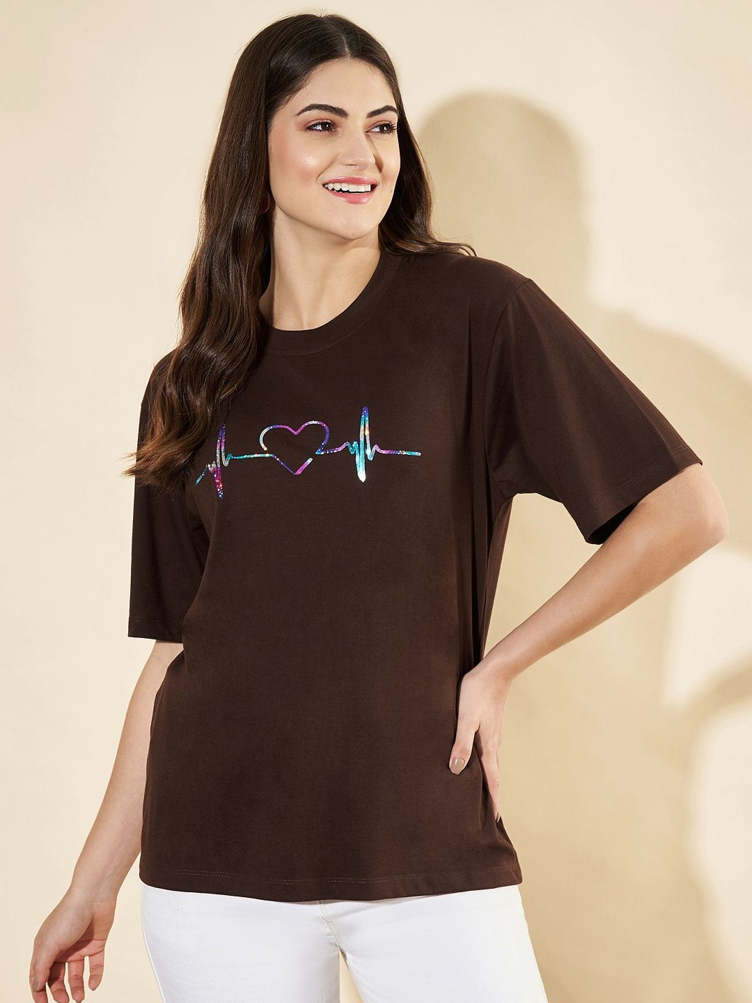 

Slenor Women Graphic Printed Round Neck Cotton Oversized T-shirt, Coffee brown