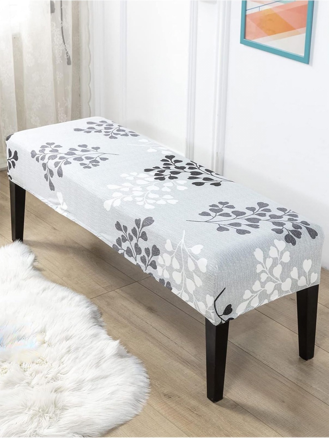 

HOUSE OF QUIRK Grey & White Stretchable Washable Elastic Slipcover Dining Bench Cover