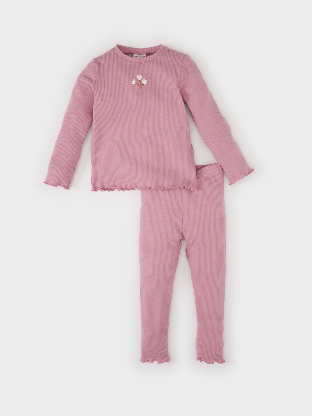 

DeFacto Girls Striped Round Neck Pure Cotton T-shirt With Trousers, Mauve