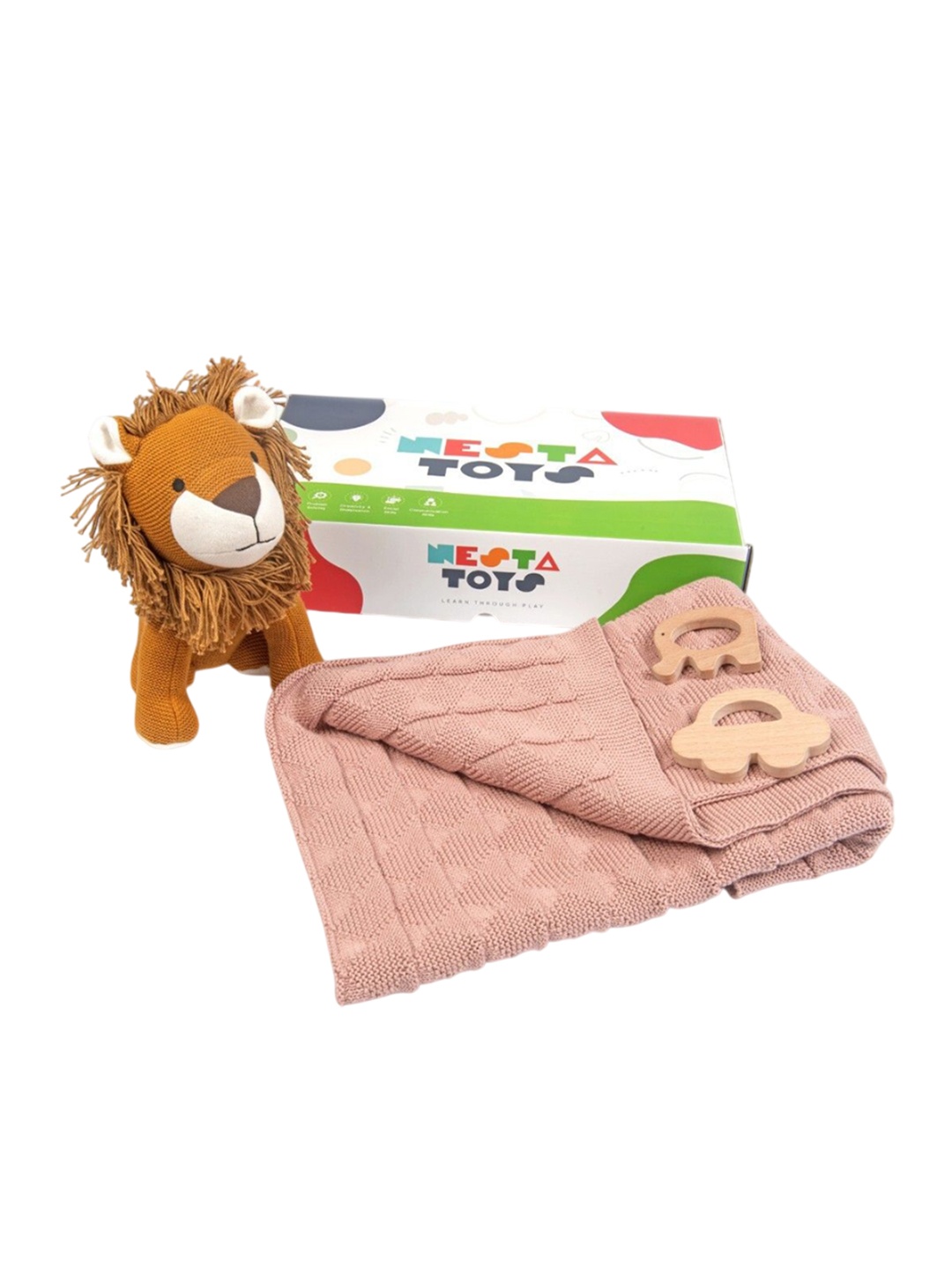 

Nesta Toys Infants New Born Gift Set Blanket Lion Elephant and Car Teether, Mauve