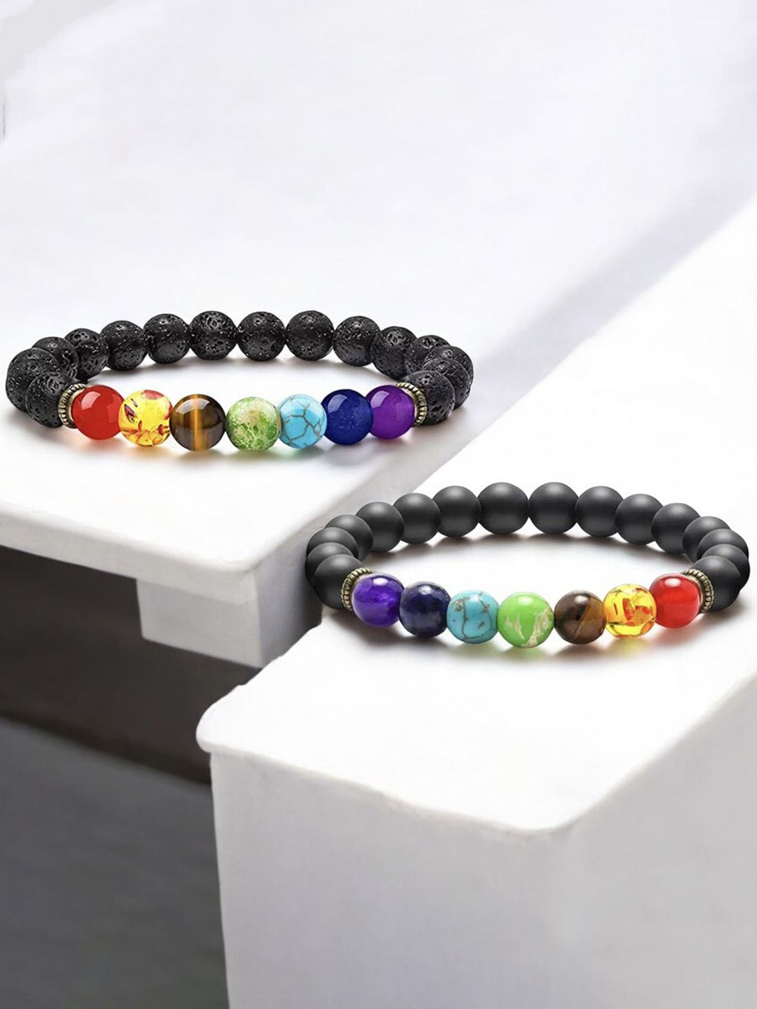 

Jewels Galaxy Men Set Of 2 Artificial Beaded Elasticated Charkha Bracelet, Black