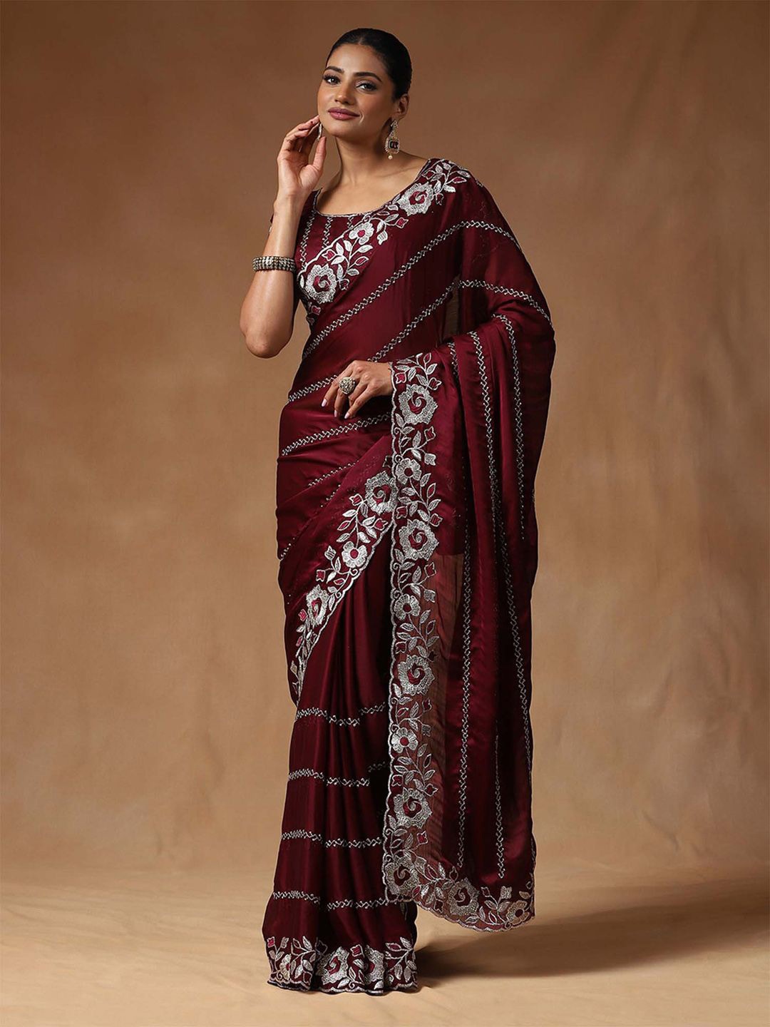 

Saree mall Floral Embroidered Beads and Stones Satin Saree, Burgundy