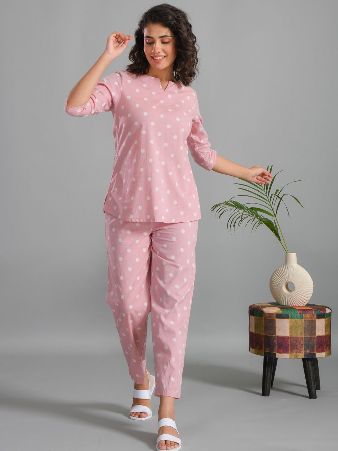

SANSKRUTIHOMES Printed Round Neck Pure Cotton Top With Trousers Co-Ords, Pink