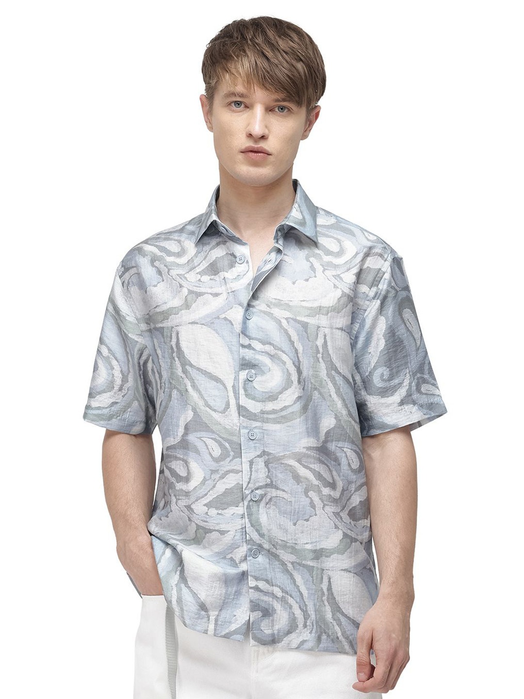 

RARE RABBIT Men Comfort Fit Spread Collar Abstract Printed Cotton Casual Shirt, Grey