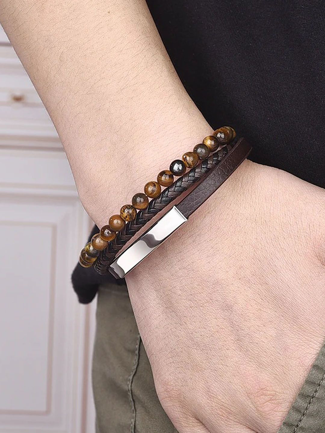 

Jewels Galaxy Men Leather Silver-Plated Artificial Beaded Layered Wraparound Bracelet, Brown
