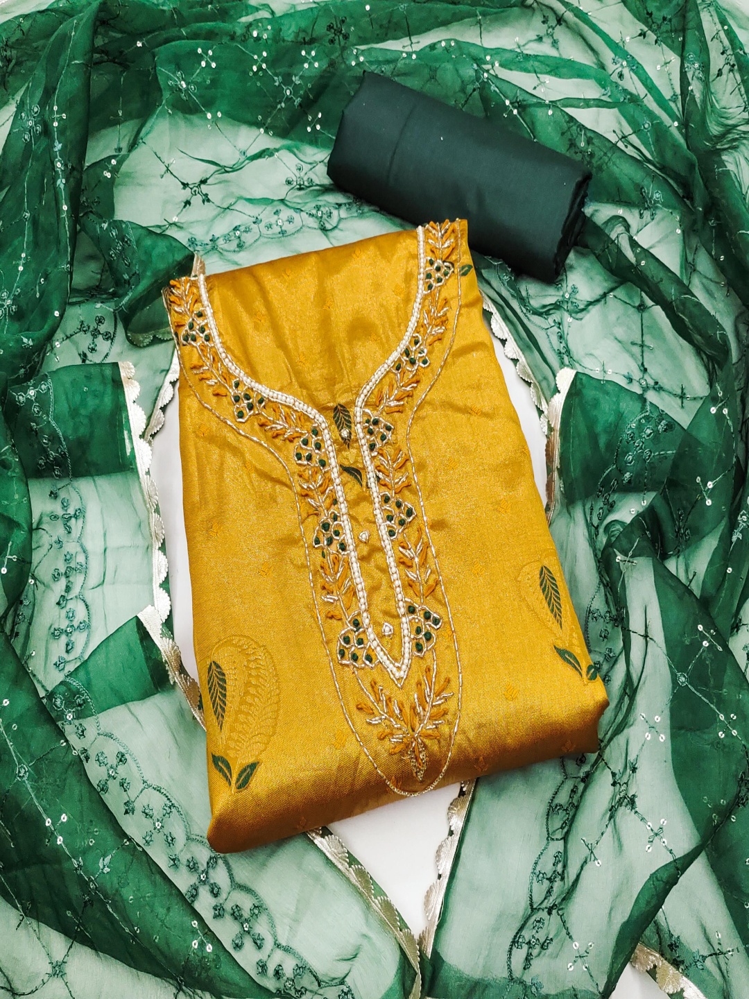 

Blissta Floral Woven Design Beads And Stones Unstitched Dress Material, Yellow