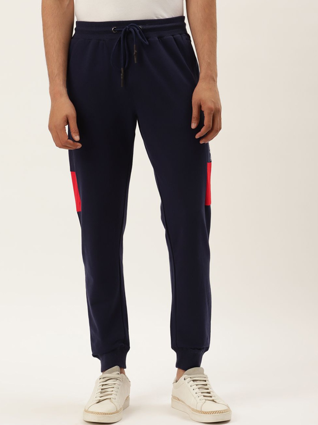 

AMSWAN Men Printed Cotton Mid-Rise Joggers, Navy blue