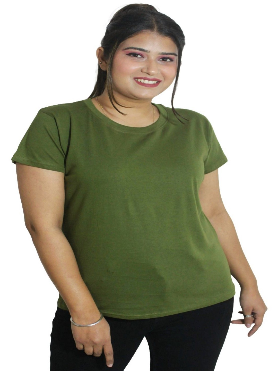 

PINK SHELL Women Solid Round Neck Cotton T-shirt, Olive