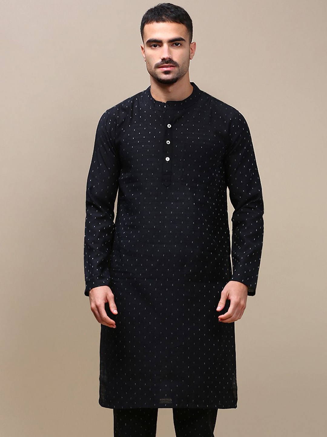 

WHITE HEART Ethnic Motifs Jacquard Mandarin Collar Straight Kurta, Black