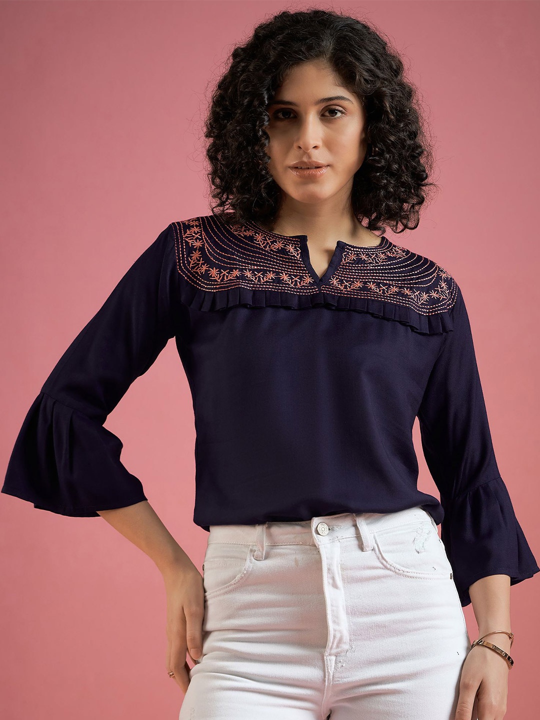

DressBerry Women Floral Embroidered Blouson Top, Navy blue