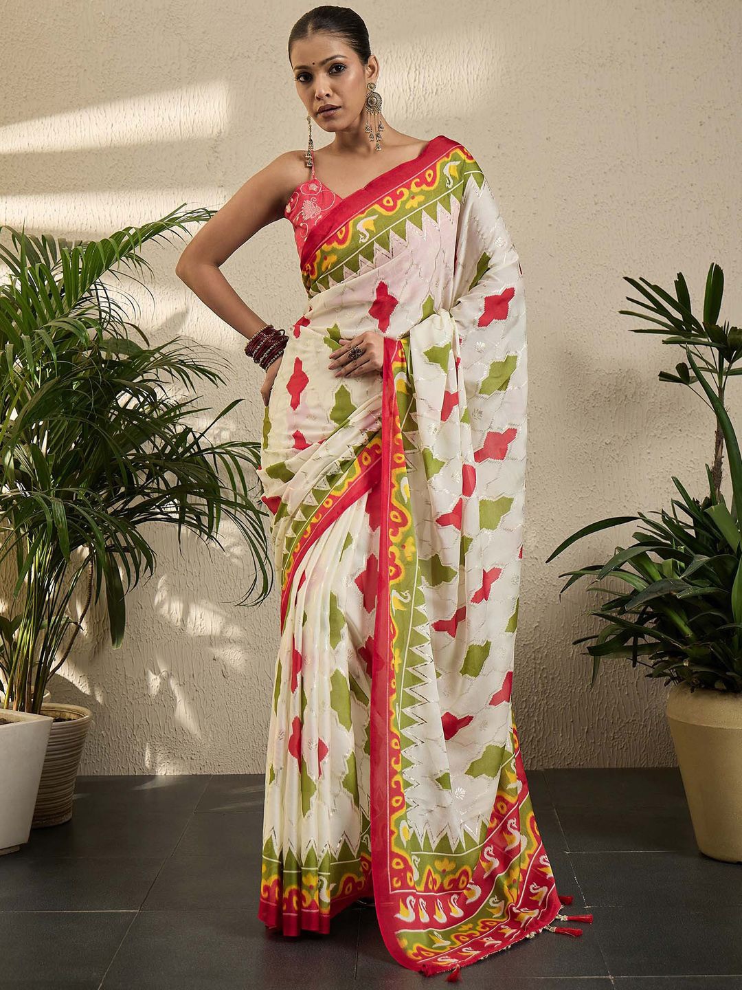 

all about you Woven Design Zari Poly Georgette Pochampally Saree, Off white