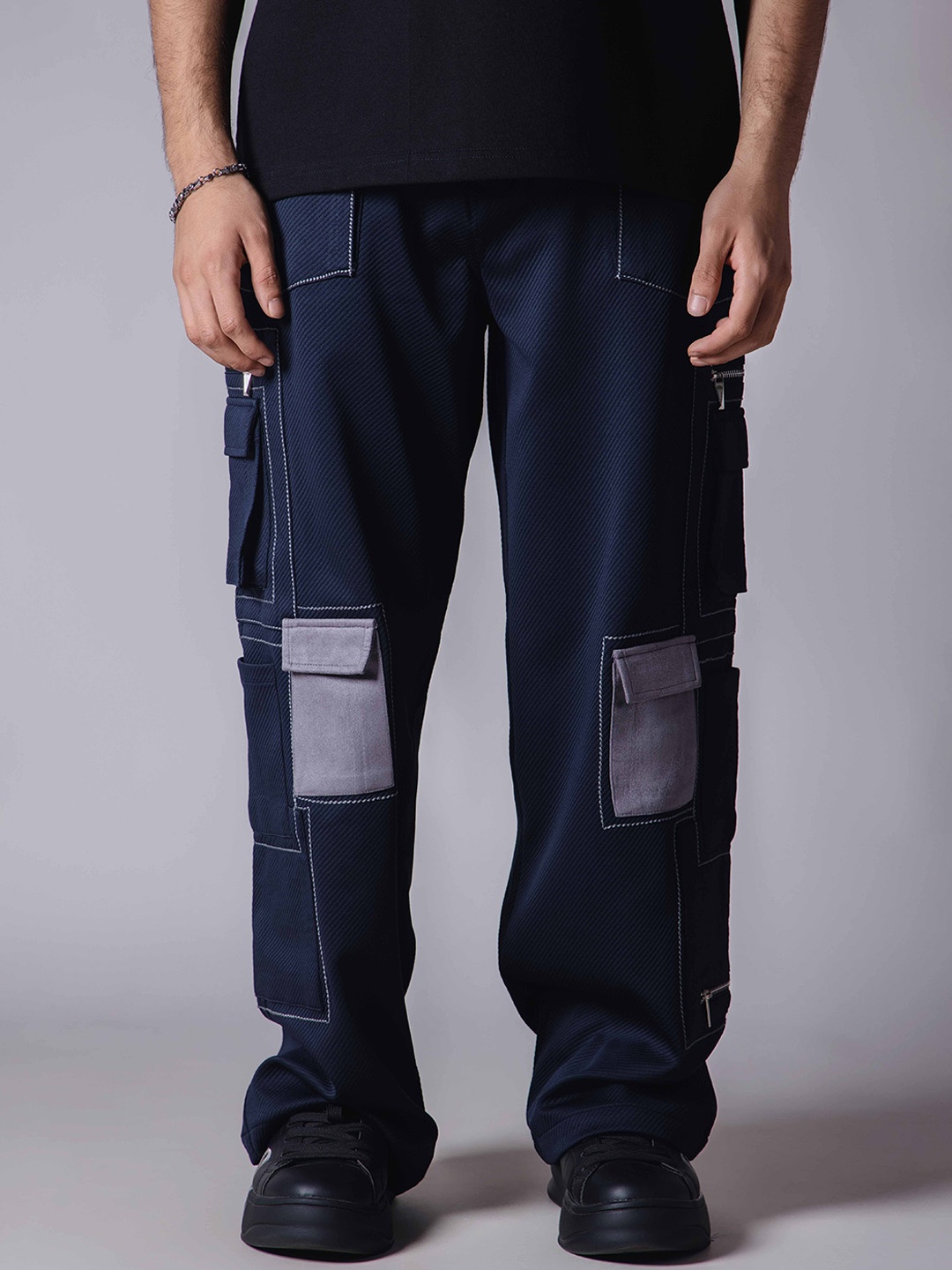 

HOP HEAD Men Easy Wash Mid-Rise Cargos Trousers, Blue