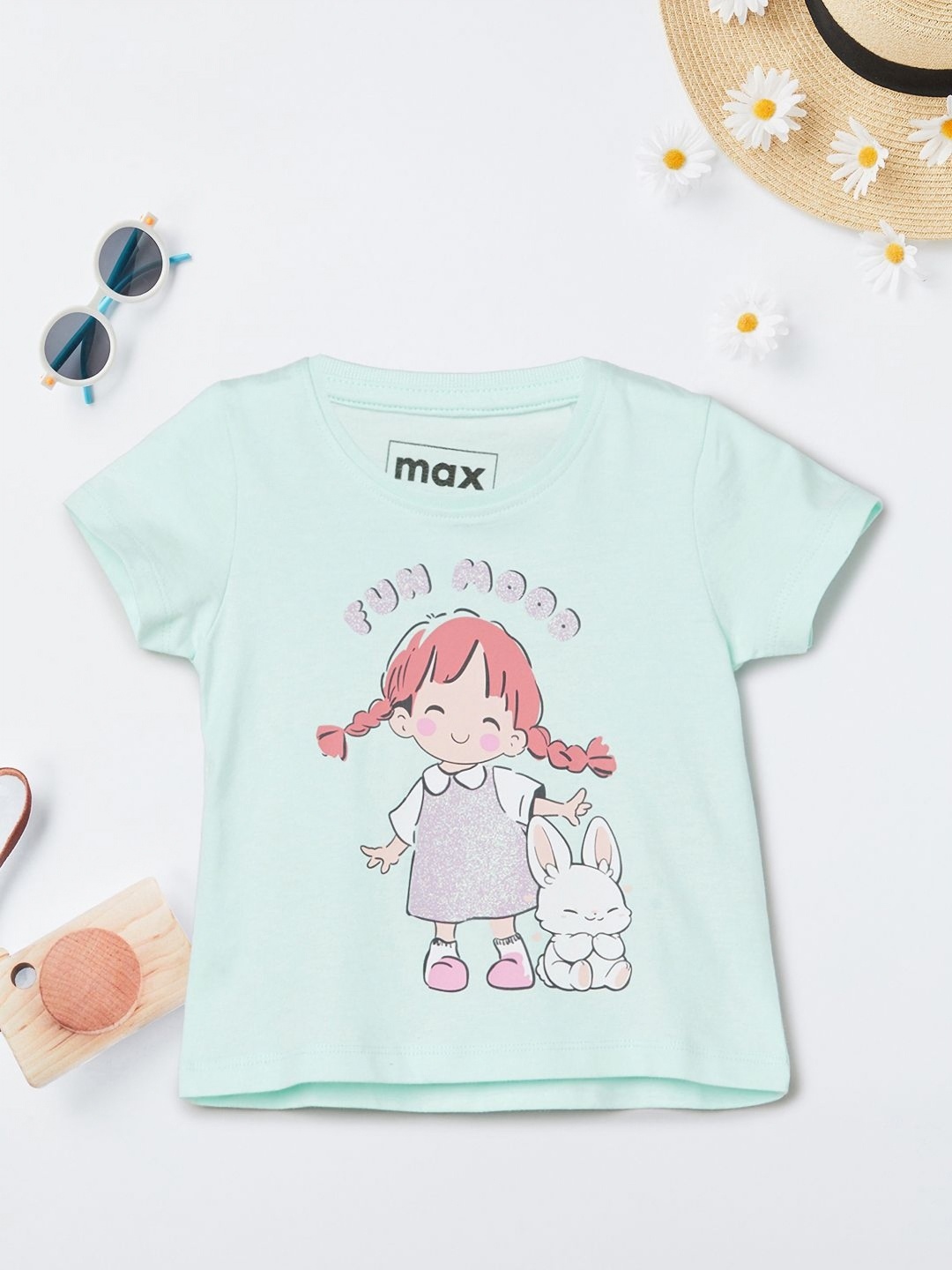 

max Girls Graphic Printed Round Neck Cotton T-shirt, Sea green