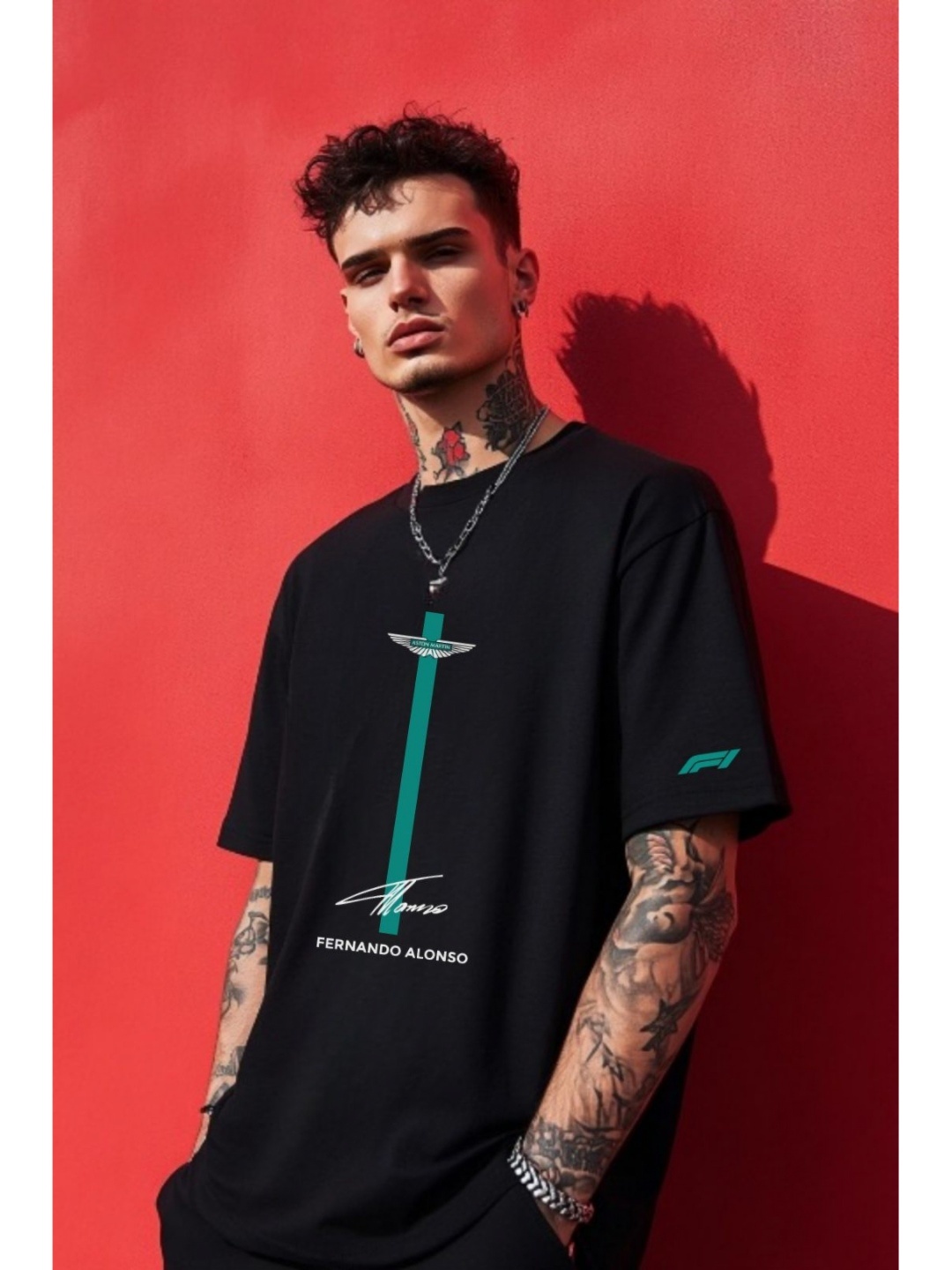 

Getsetwear Men Rapid-Dry Typography Printed Round Neck Cotton Oversized T-shirt, Black