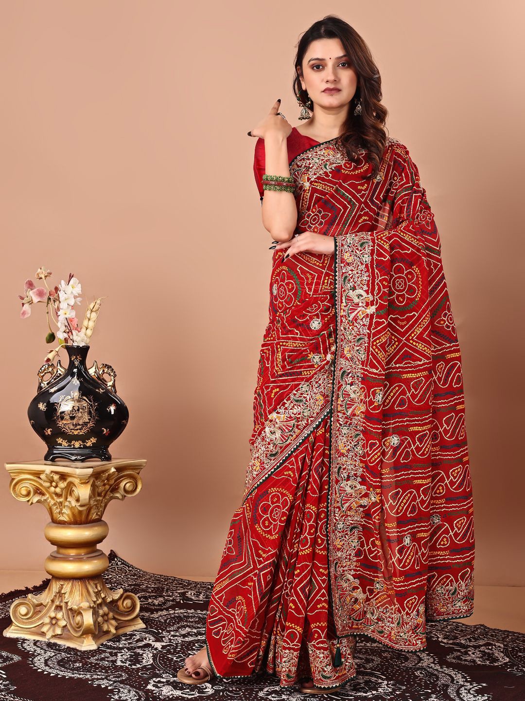 

LeeliPeeri Designer Bandhani Printed Embroidered Bandhani Saree, Red