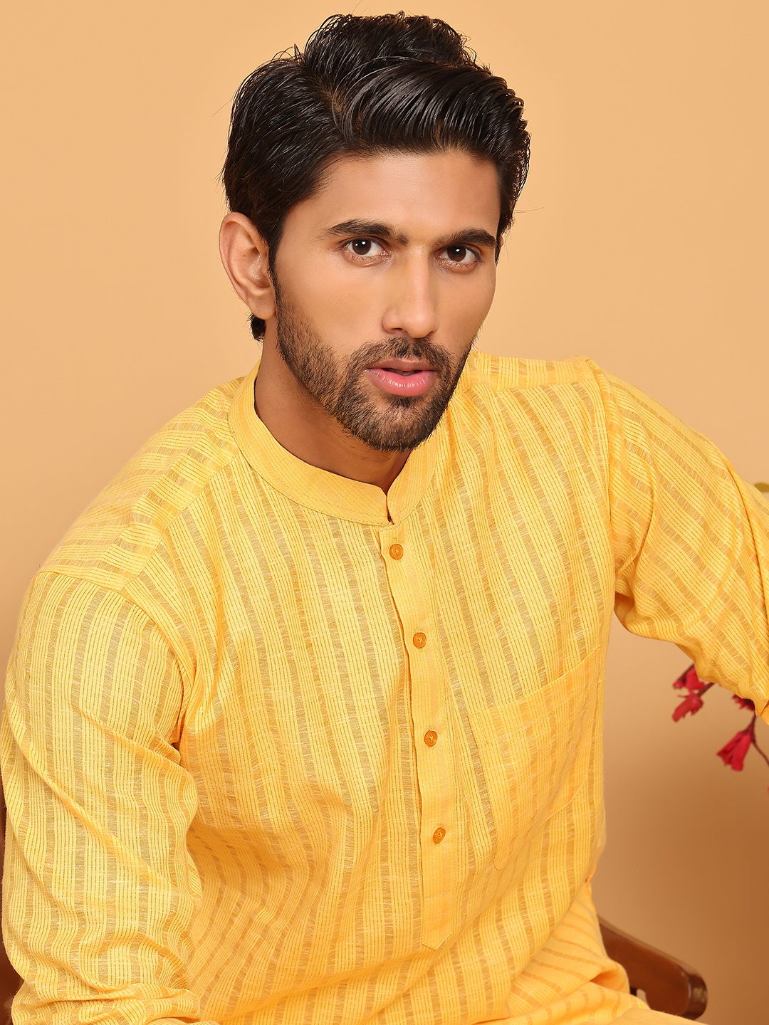 

Jompers Striped Printed Pure Cotton Mandarin Collar Straight Kurta With Pyjamas, Yellow