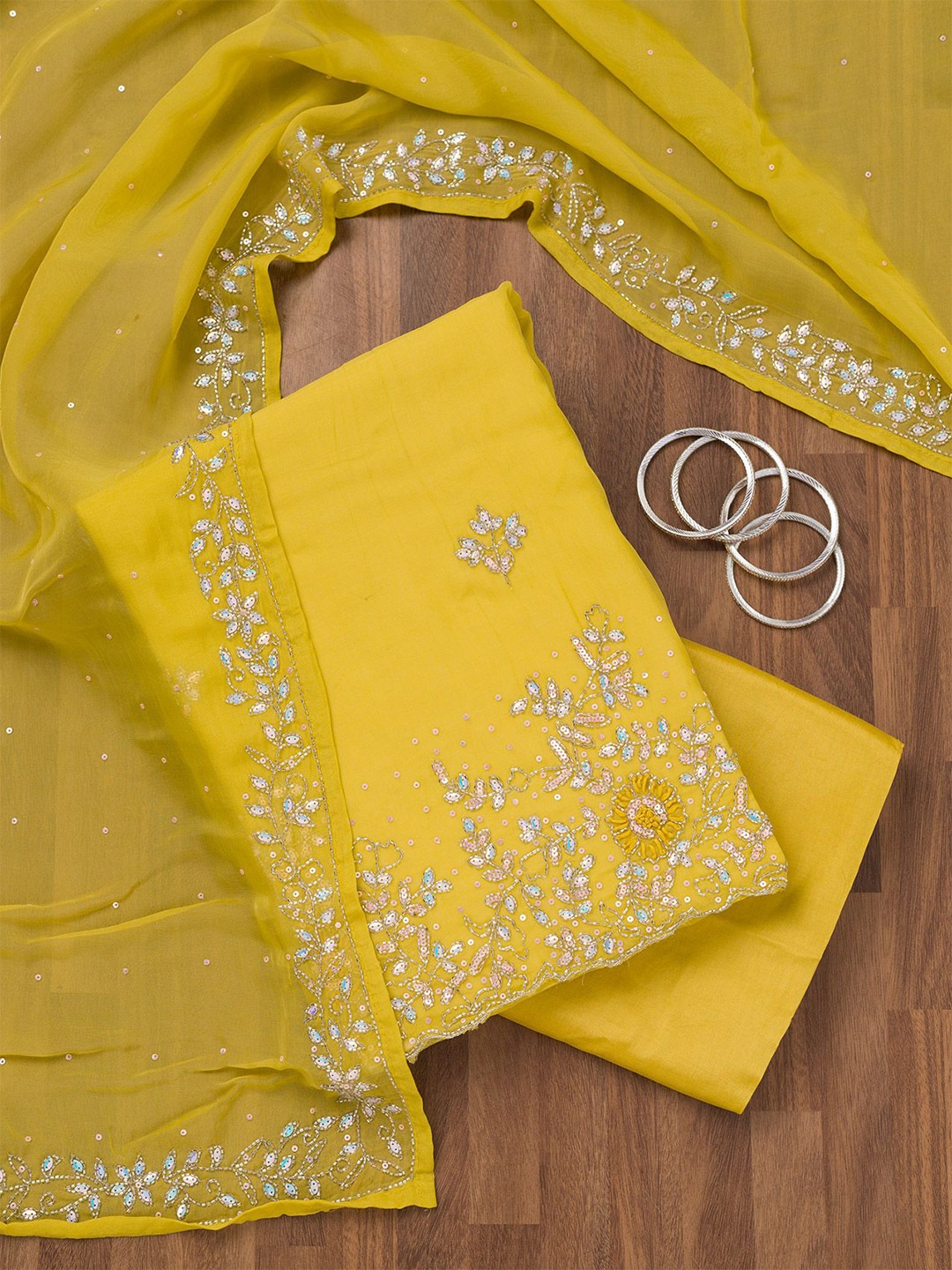 

Koskii Floral Embellished Sequinned Unstitched Dress Material, Yellow