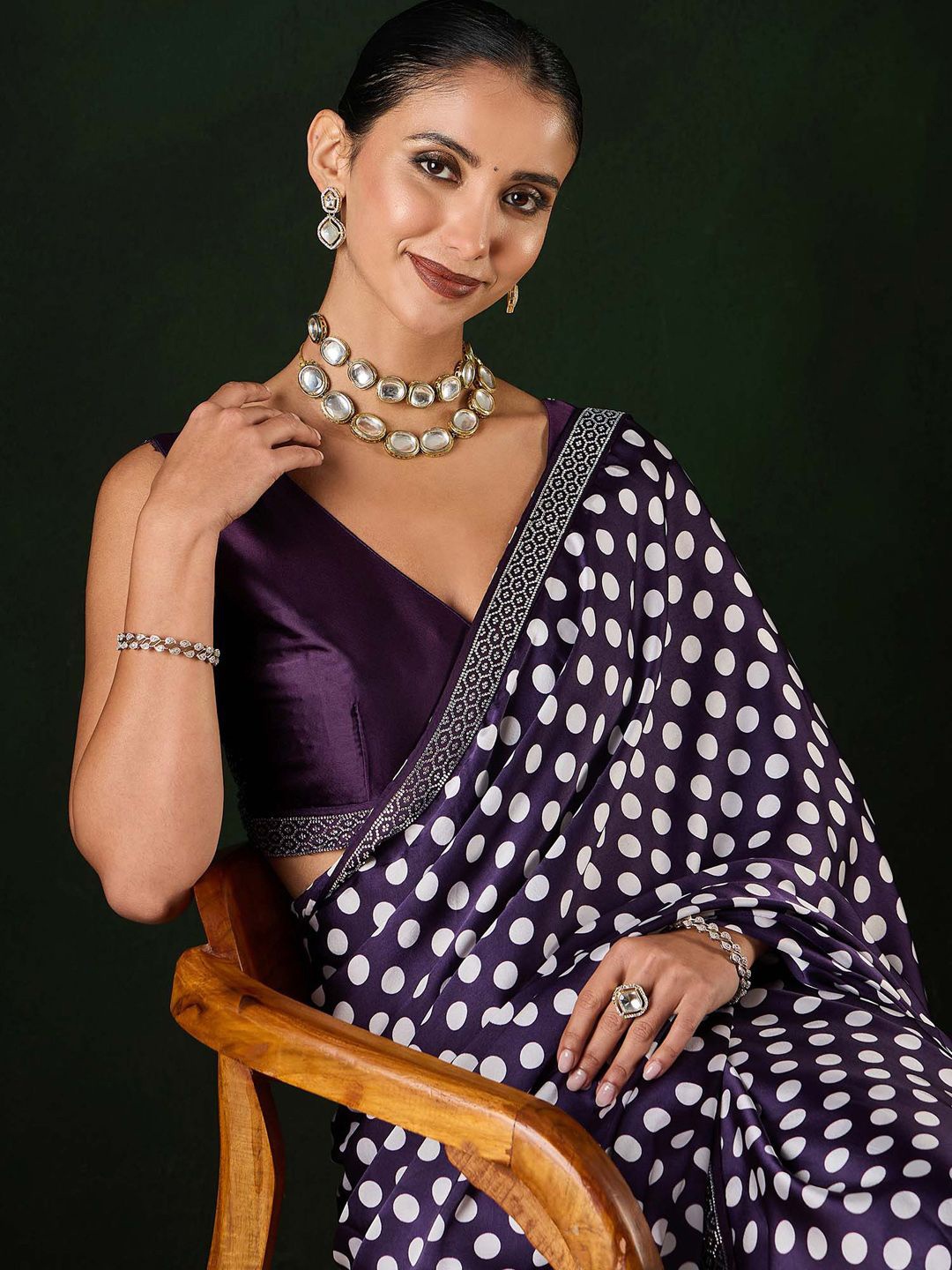 

Sangria Polka Dot Printed with Embellished Party Wear Saree With Unstitched Blouse, Purple