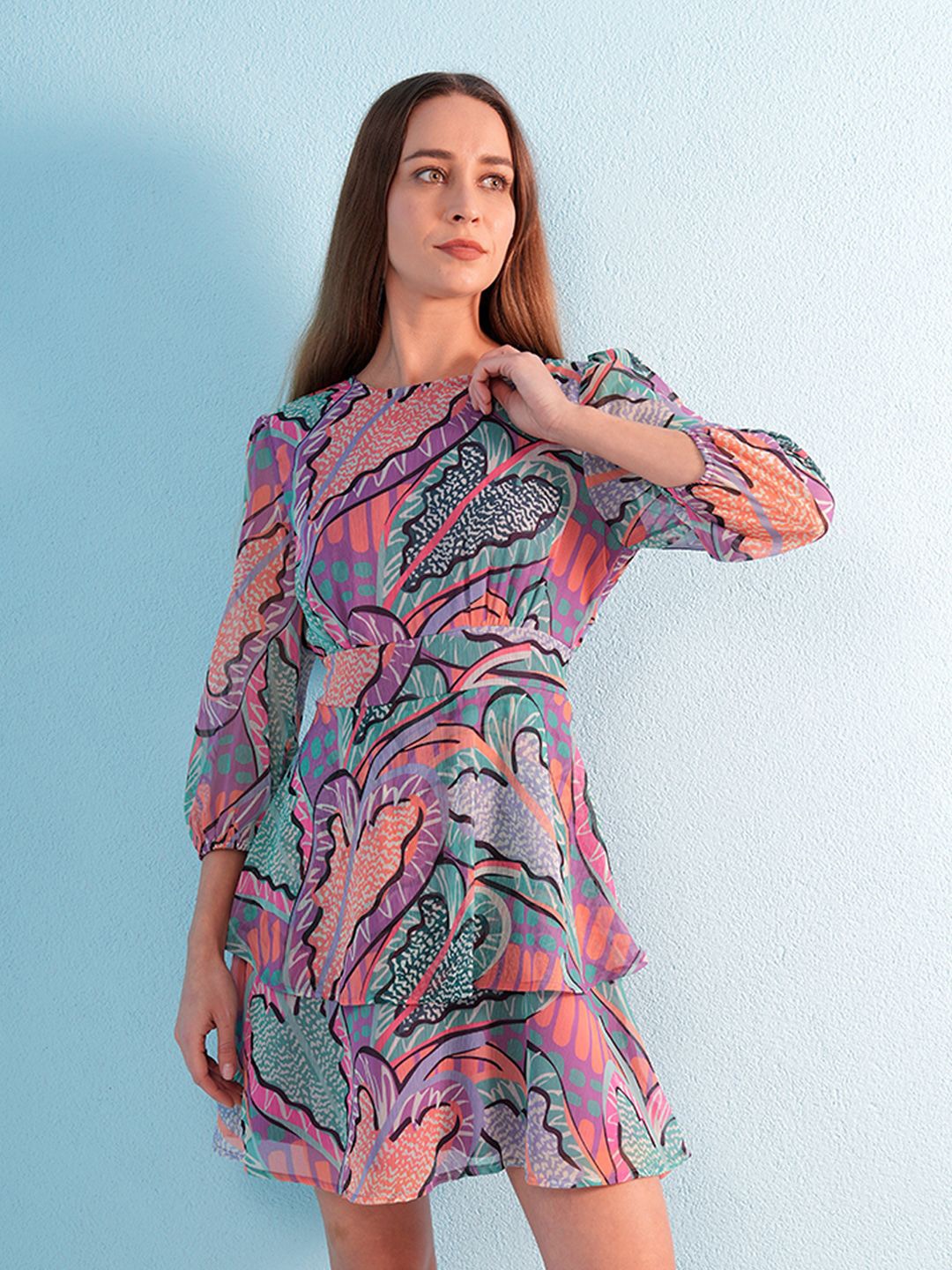 

ONLY Women Printed Puff Sleeves Cotton Fit & Flare Dress, Blue