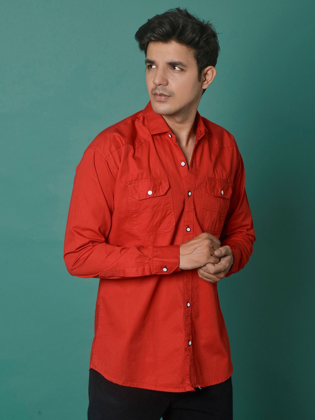 

Fesner Men Comfort Fit Spread Collar Solid Cotton Casual Shirt, Red