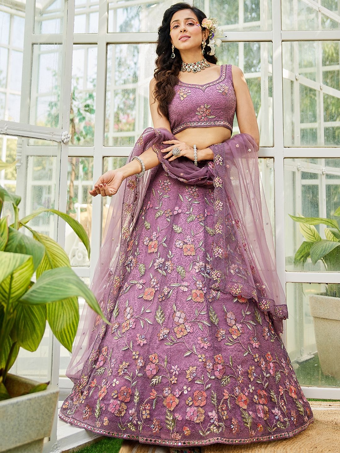 

panchhi Embroidered Sequinned Semi-Stitched Lehenga & Unstitched Blouse With Dupatta, Lavender