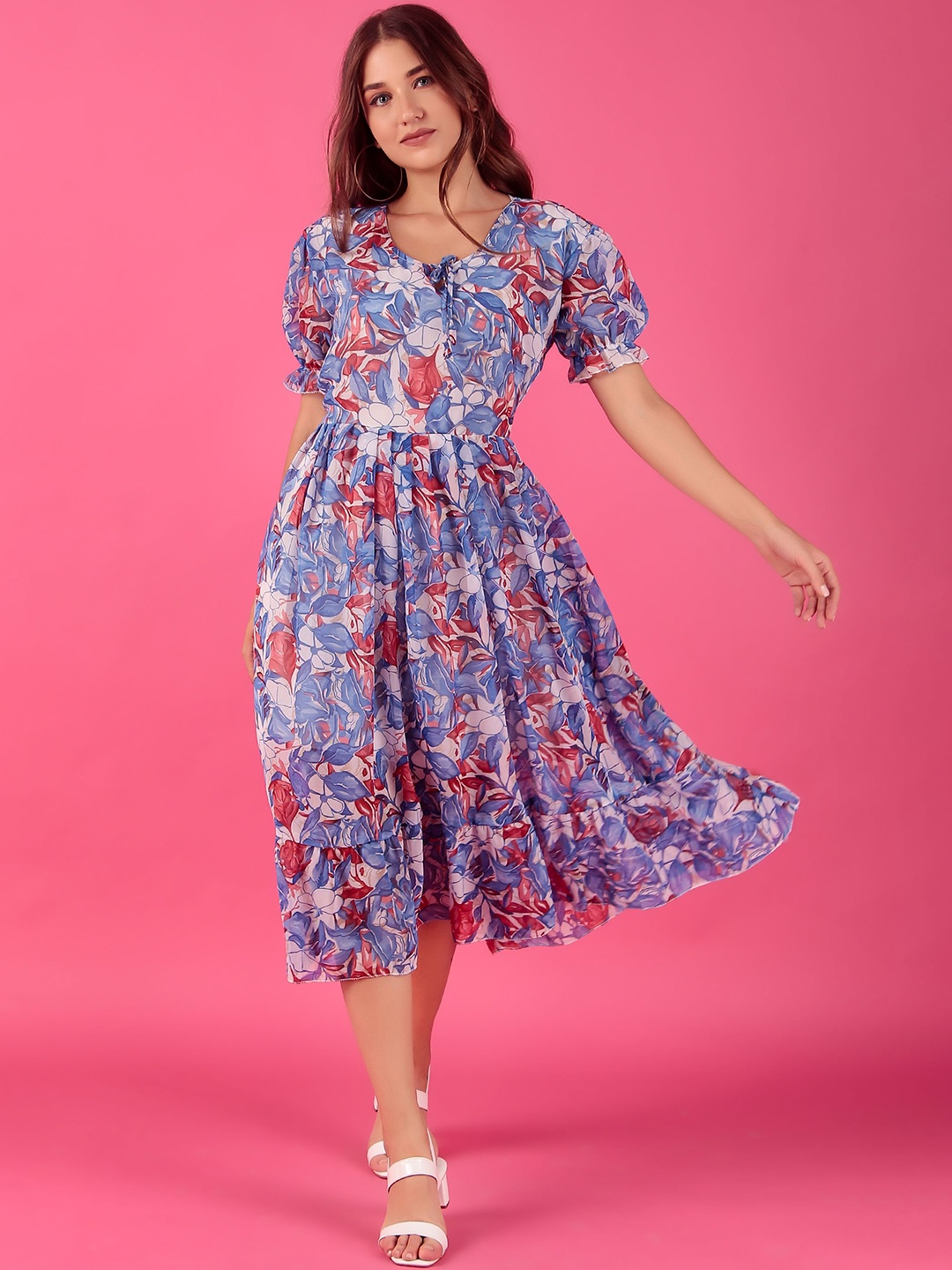 

KASHIAN Floral Print Keyhole Neck Puff Sleeve Georgette Maxi Dress, Blue