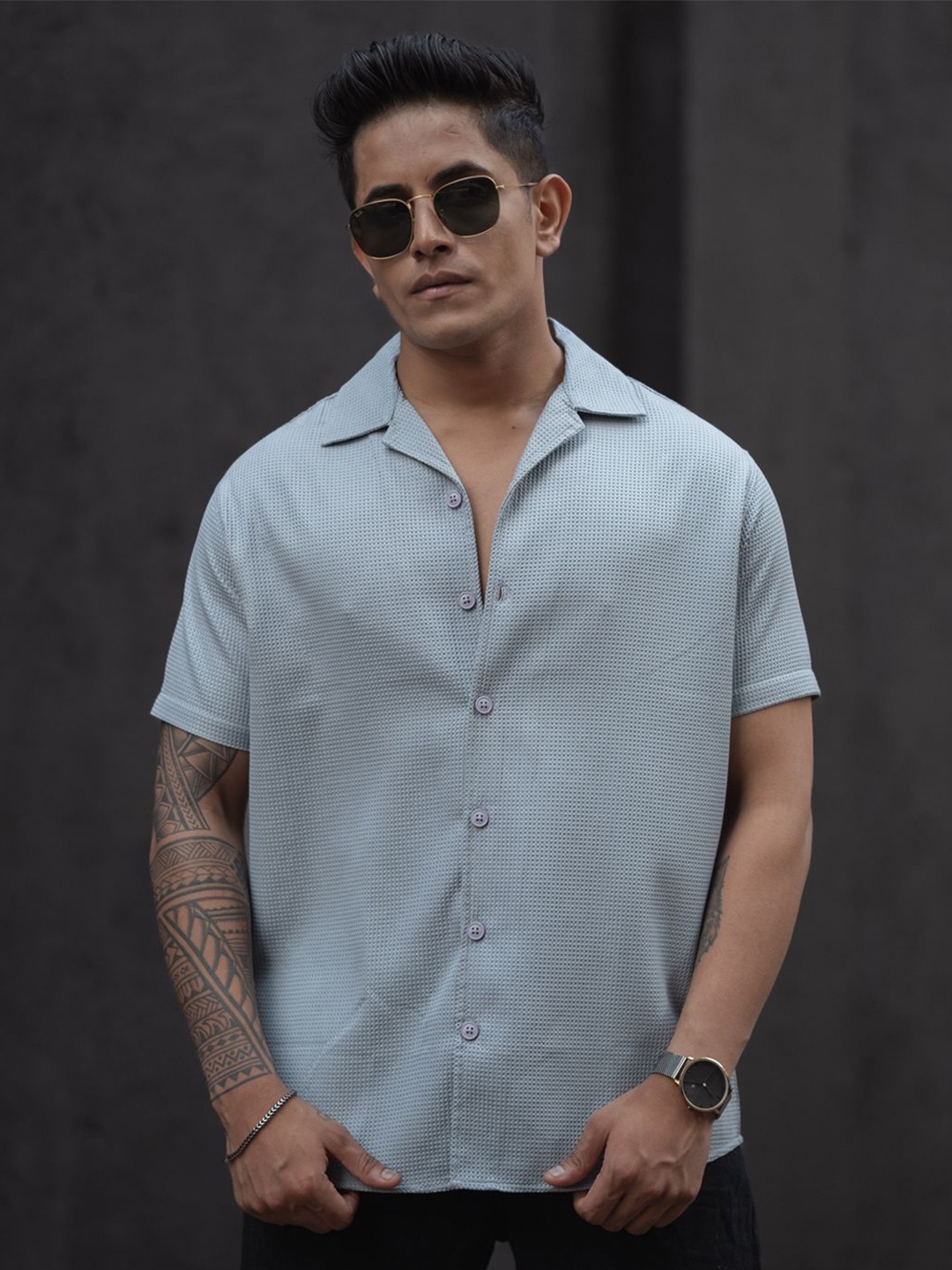 

Powerlook Men Relaxed Fit Spread Collar Textured Cotton Casual Shirt, Grey